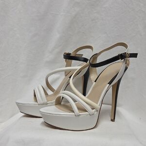 Aldo Elegant White and Black Strappy Heels, Size 10